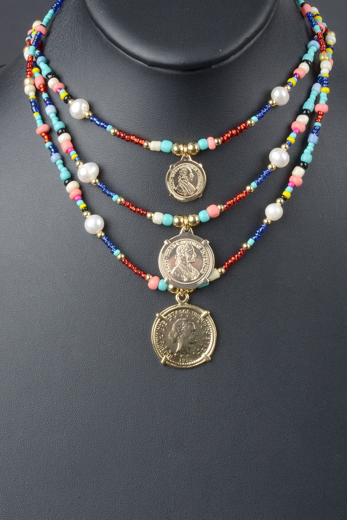 Sterling Colorful Bead and Cultured Pearl Coin Necklace