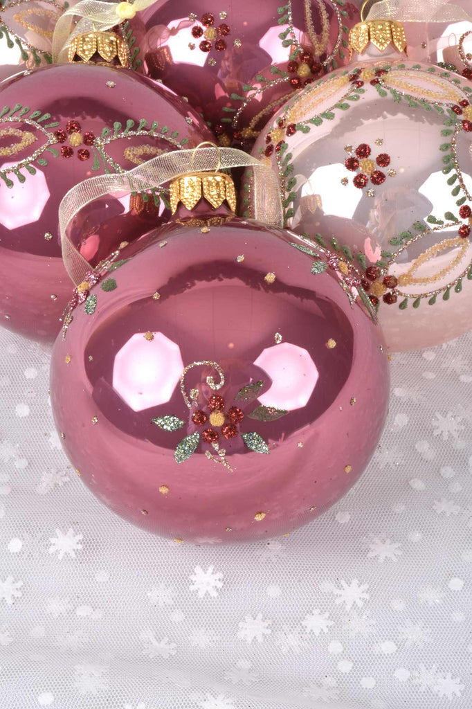 Delicate Pink Flowers European Glass Ornaments, Set of 6