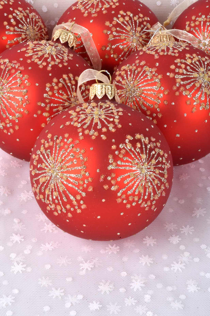 Red Sparkling Bursts European Glass Ornaments, Set of 6