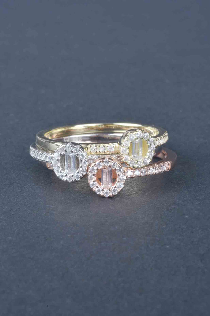 Set of 3 Solitaire Baguette and Pave Stack Rings