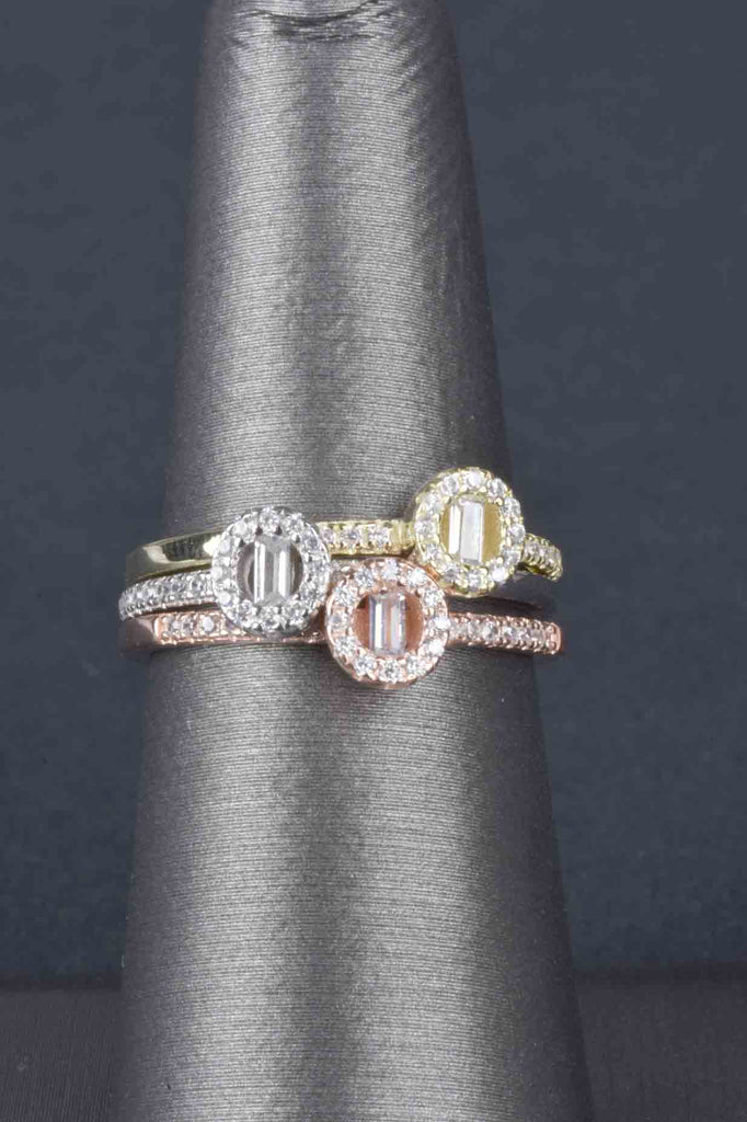 Set of 3 Solitaire Baguette and Pave Stack Rings