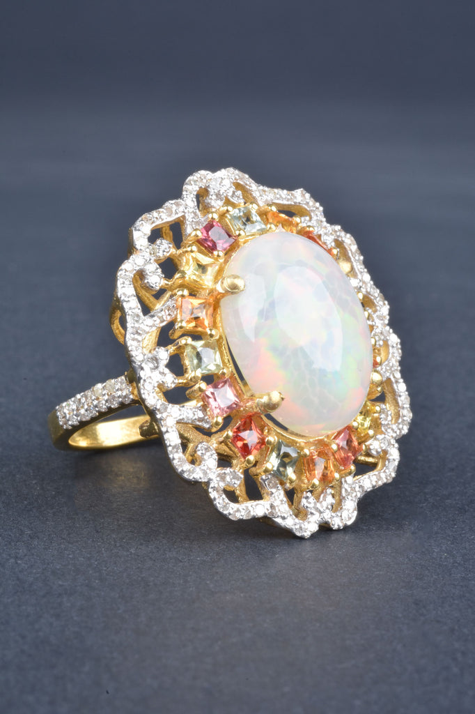Handmade Ethiopian Opal Multi-Sapphire and Diamond Oval Ring