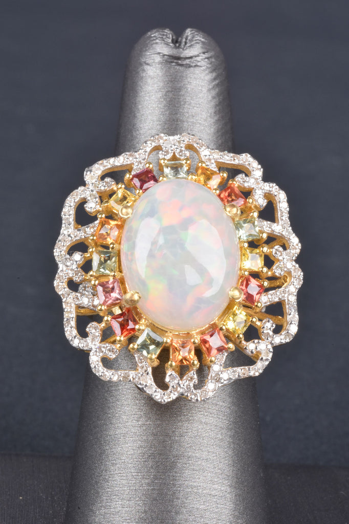 Handmade Ethiopian Opal Multi-Sapphire and Diamond Oval Ring