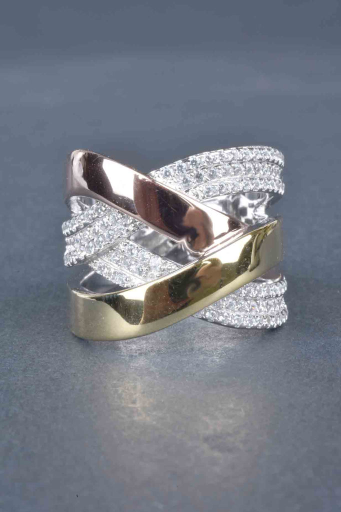 Sterling Polished and Pave Layered Overlapping Tri-Color Ring