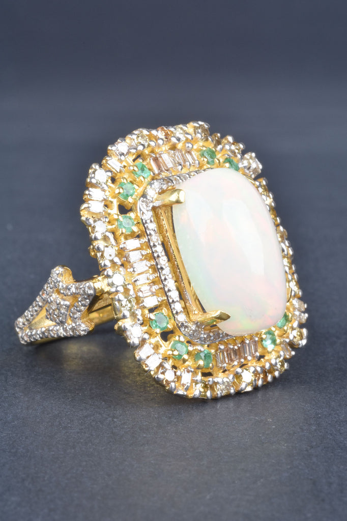 Handmade Ethiopian Opal, Emeralds and Diamond Ring