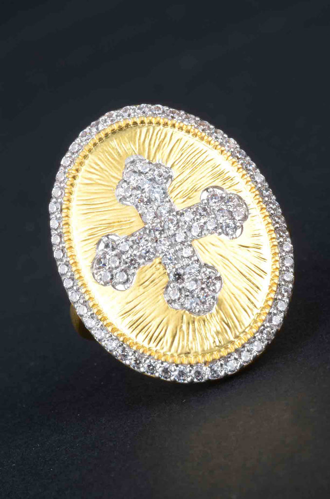 Designer Inspired Pave Cross Center Satin Oval Ring