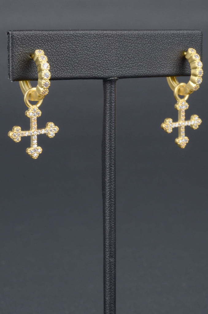 Designer Inspired Hoop Earrings with Pave Cross Charms
