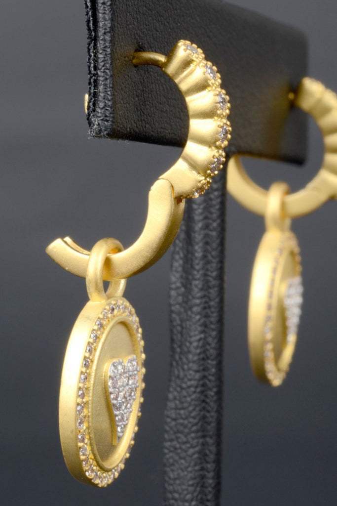 Designer Inspired Hinged Huggie Hoop with Oval Pave Heart Charm